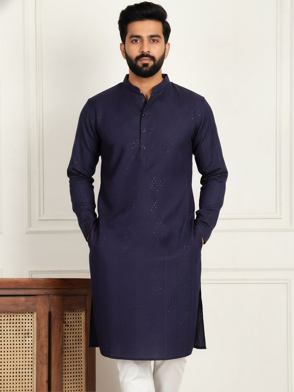 Men’s Navy Blue Textured Pure Cotton Kurta AROMIE | Affordable Indian Clothes & Dresses in Canada