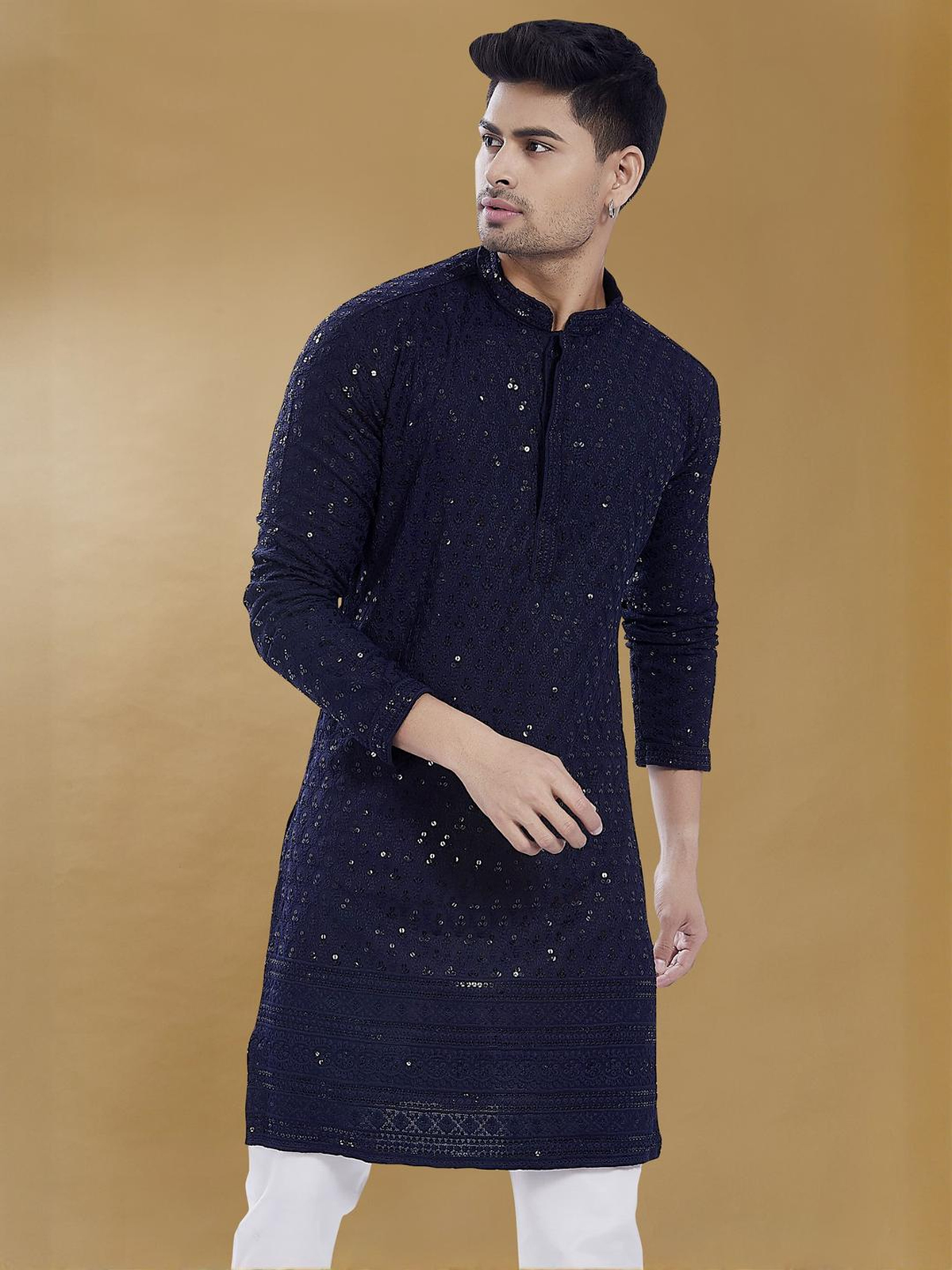Men’s Navy Blue Chikankari Embroidered Rayon Kurta AROMIE | Affordable Indian Clothes & Dresses in Canada