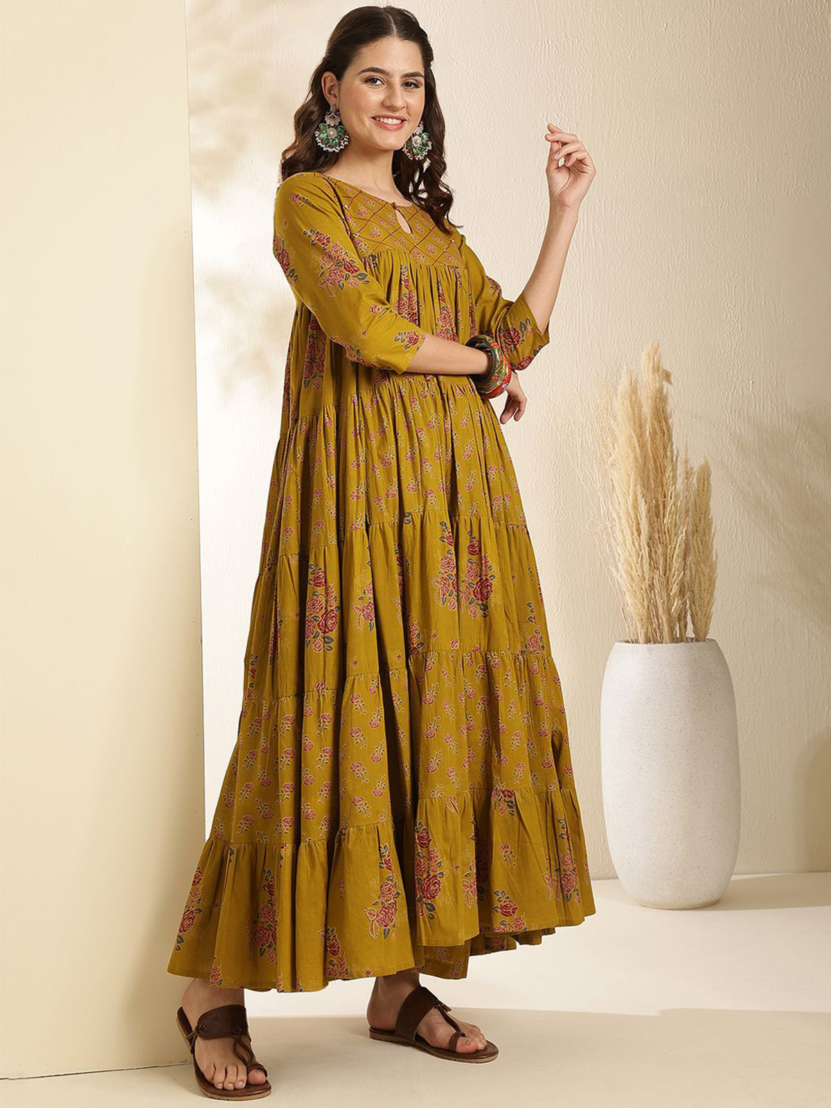 Floral Printed Keyhole Neck Anarkali Pure Cotton Kurta With Trousers & Dupatta