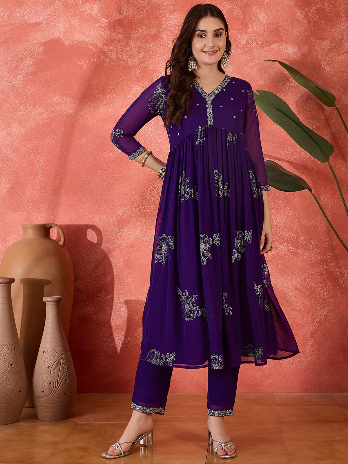 Elegant Floral Anarkali Kurta Set in purple with intricate embellishments for festive occasions