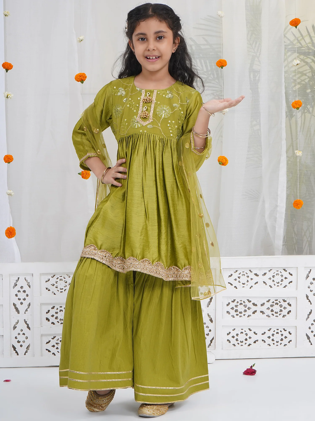 Girls Mehendi Green Chanderi Silk Floral Embroidery Kurta Sharara Set with Dupatta & Cotton Lining