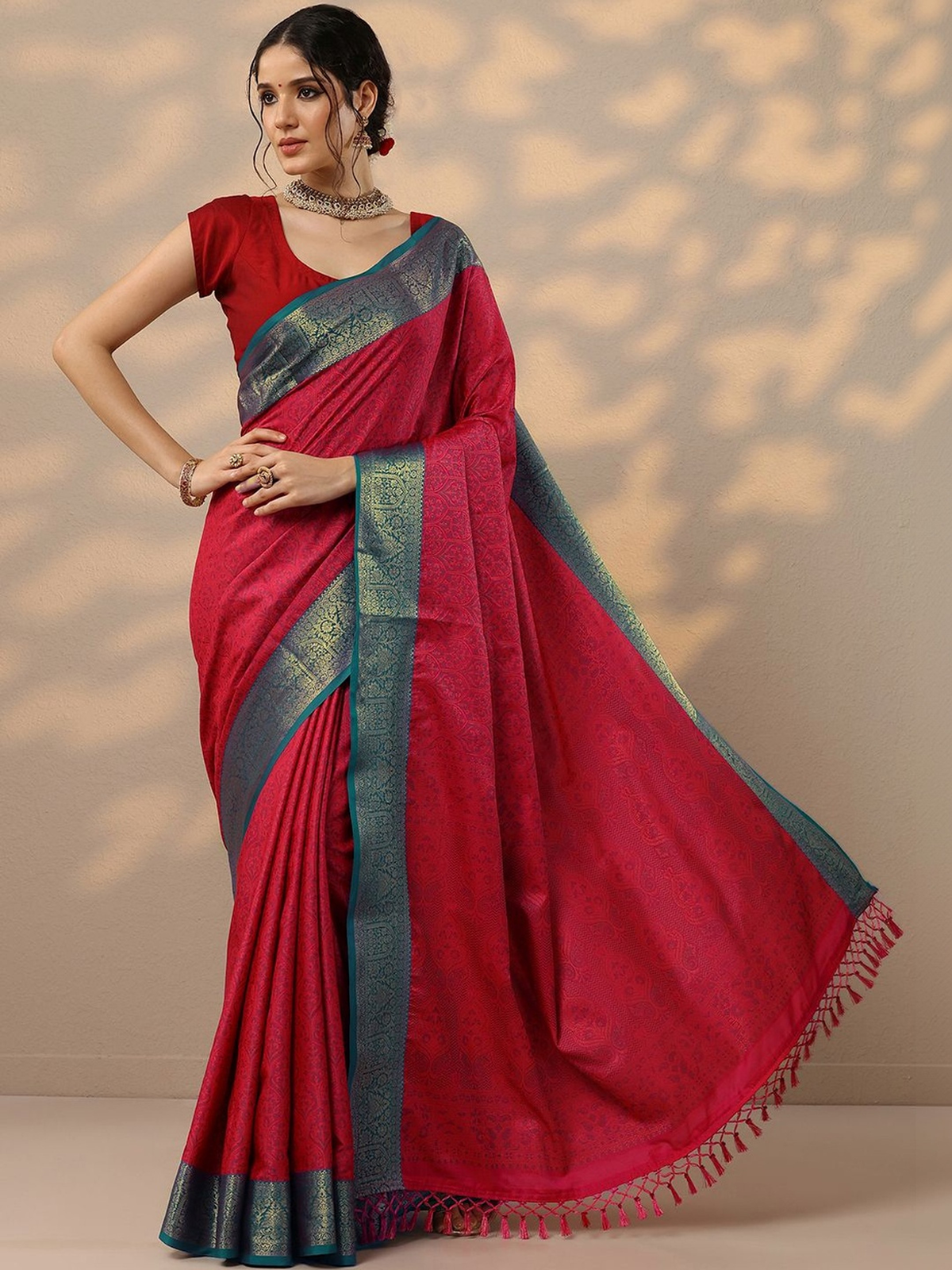 Red Kanjeevaram Silk Blend Saree with Woven Ethnic Motifs aromie