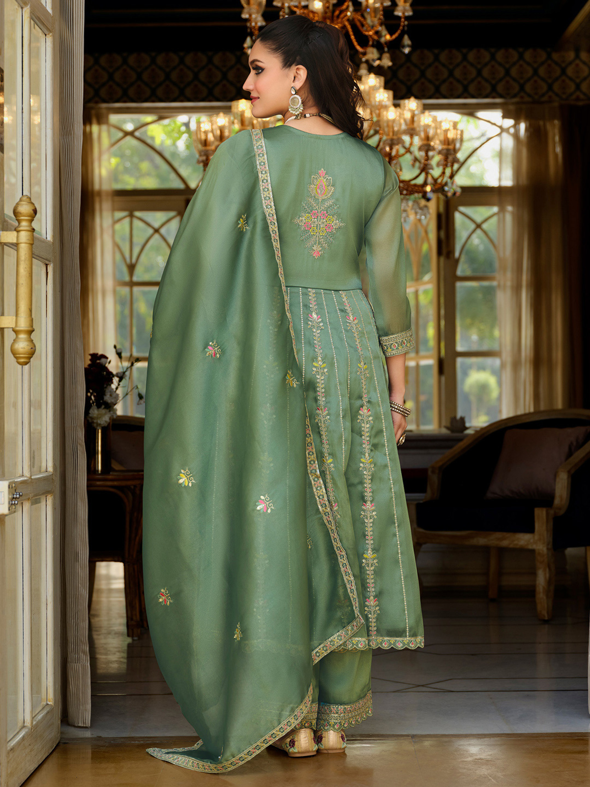 Green Embroidered Anarkali Kurta Set with Trousers & Dupatta