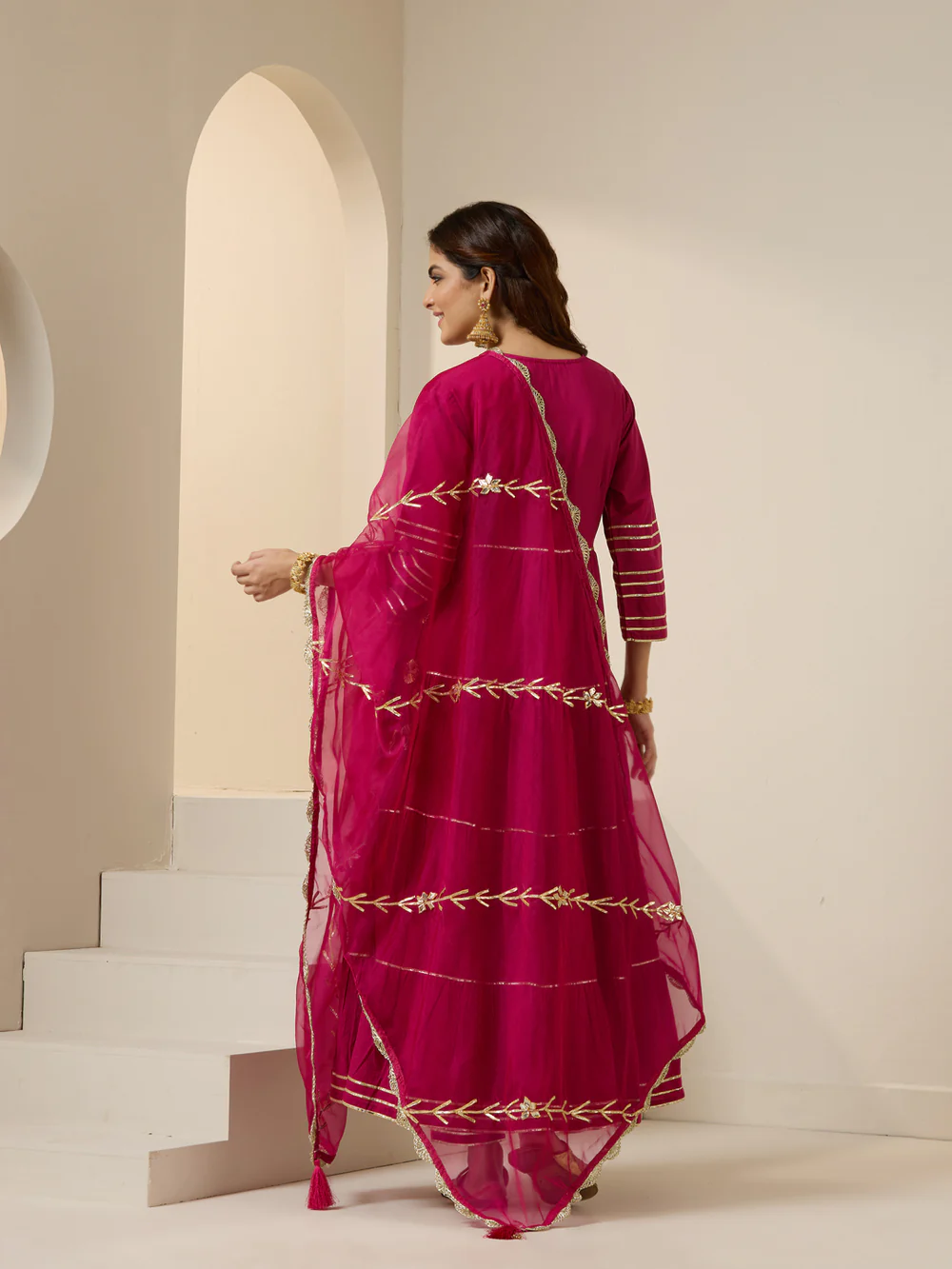 Pink Cotton Gotta Patti Angrakha Kurta Set With Straight Bottom And Dupatta
