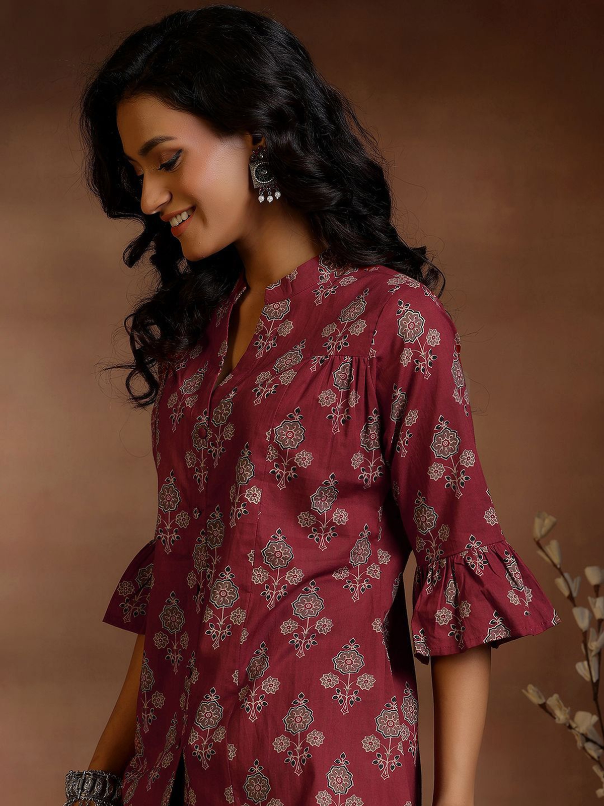 Product title: Women’s Maroon & White Floral Print Cotton A-Line Kurti AROMIE.STORE
