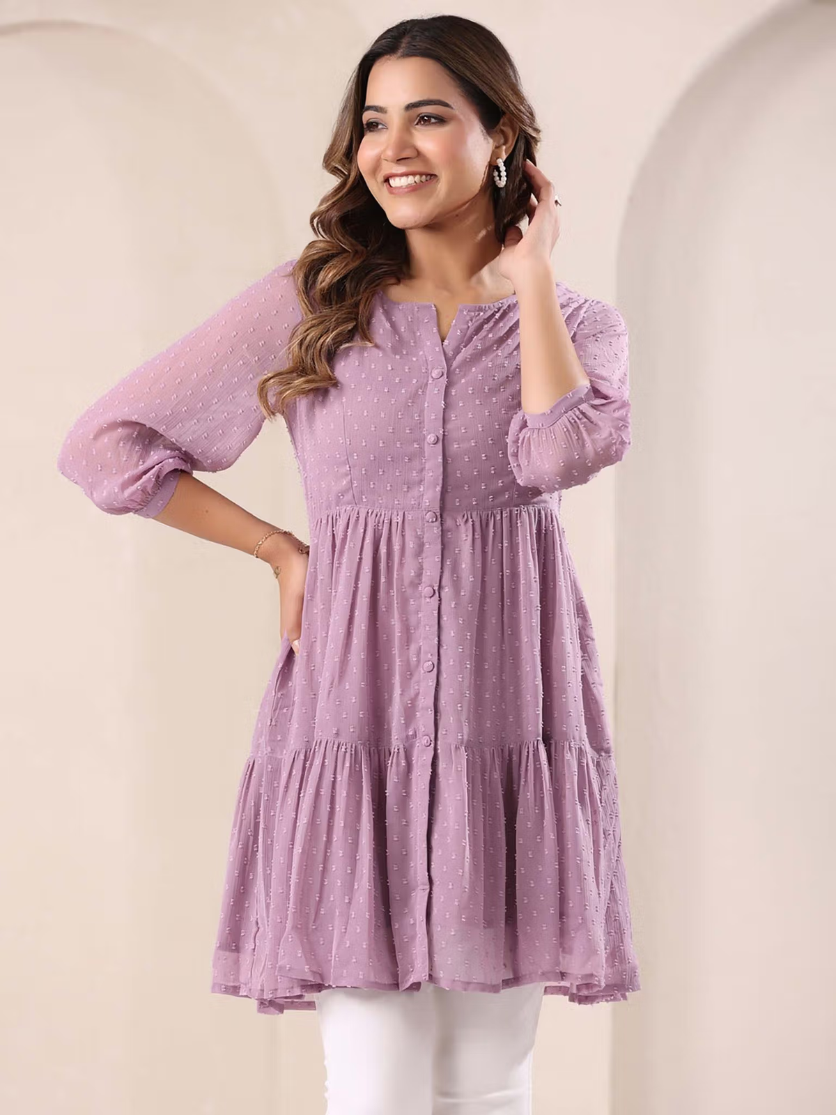 Womens Lavender Dobby Chiffon Self Design Tiered Kurti