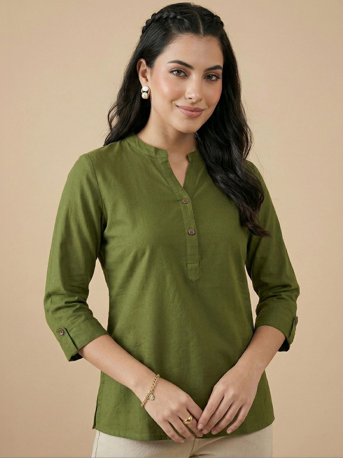 Women’s Olive Green Pure Cotton Kurti with Roll-Up Sleeves AROMIE.STORE