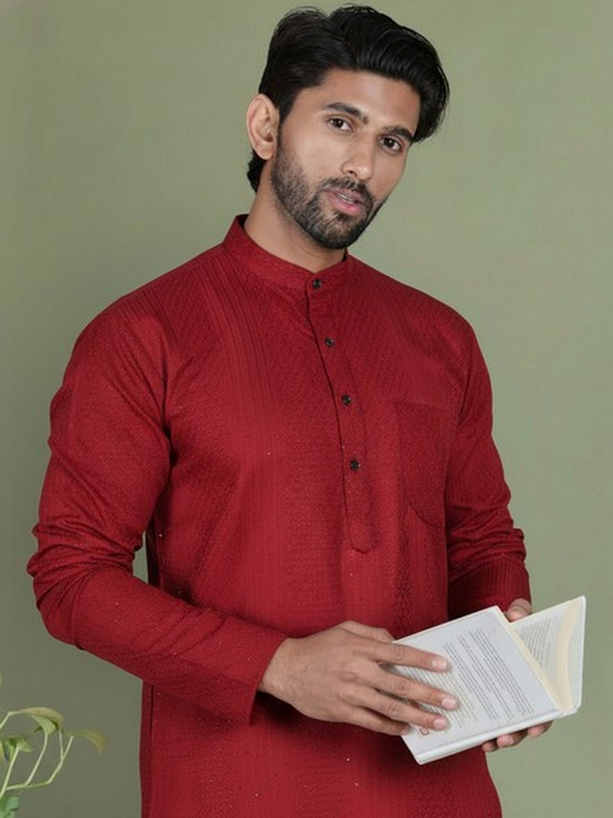 Men’s Maroon & White Cotton Kurta with Thread Work AROMIE | Affordable Indian Clothes & Dresses in Canada