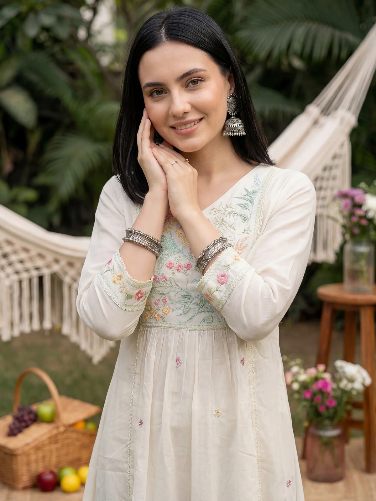 Embroidered A-Line Kurta Set with Trousers & Dupatta | Pure Cotton