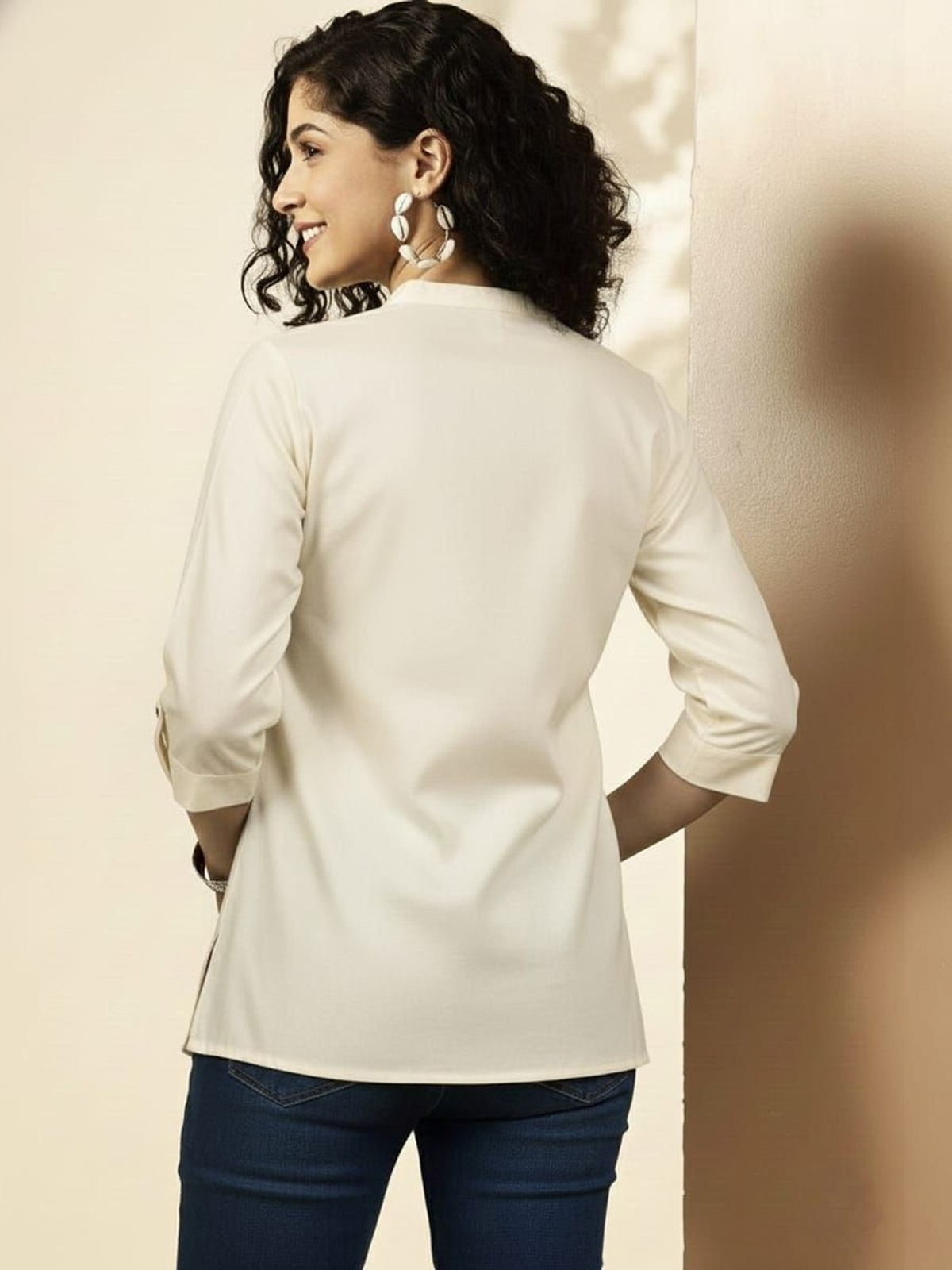 Women’s Beige Straight Kurti with Mandarin Collar AROMIE.STORE