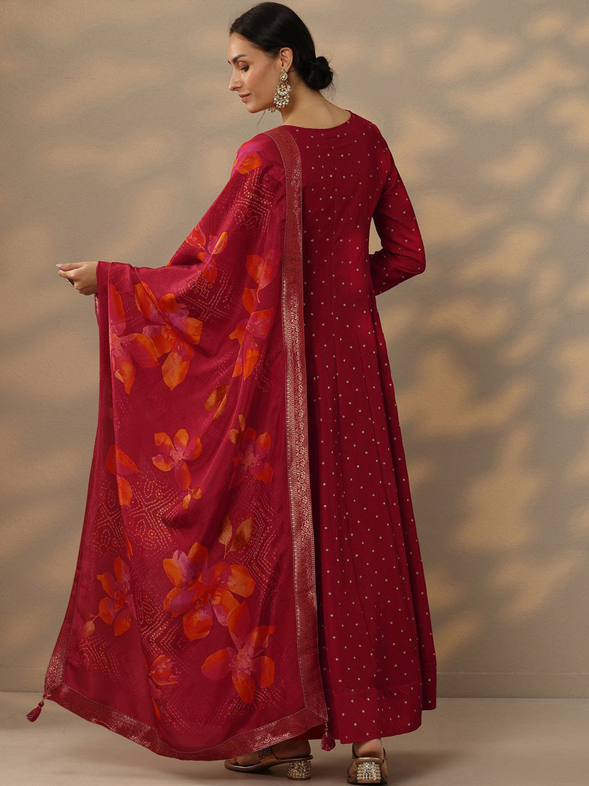 Bandhani Printed Panelled Sequinned Gown Silk Ethnic Dress With Dupatta