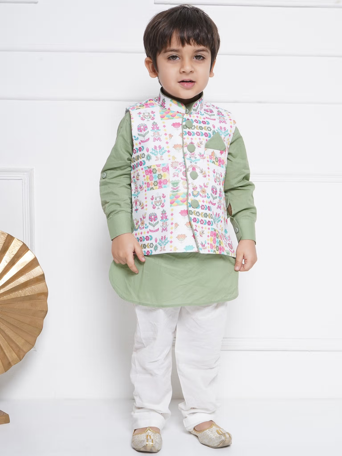 Boys Peach Printed Kurta with Dhoti and Jacket (Set of 3) (Copy)