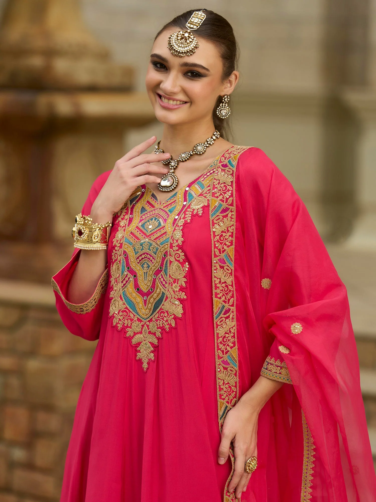 Pink Embroidered Silk Blend A-Line Suit Sets With Dupatta