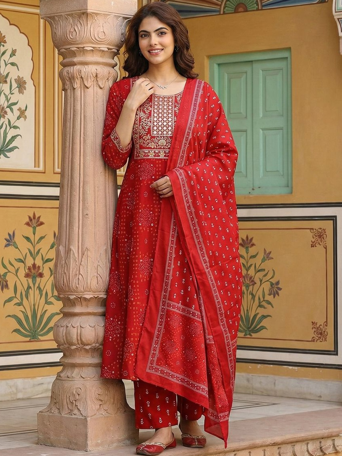 Women Ethnic Motifs Embroidered Regular Pure Cotton Kurta with Trousers & With Dupatta