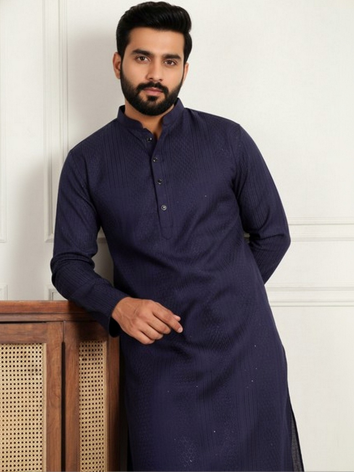 Men’s Navy Blue Textured Pure Cotton Kurta AROMIE | Affordable Indian Clothes & Dresses in Canada