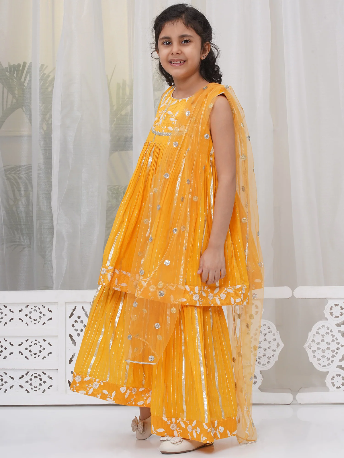 Little Bansi Girls Cotton Three Fourth Sleeves Angrakha Kurta with Sharara and Net Dupatta with Paisley Design Zari Work- Dutch Cream (Copy)