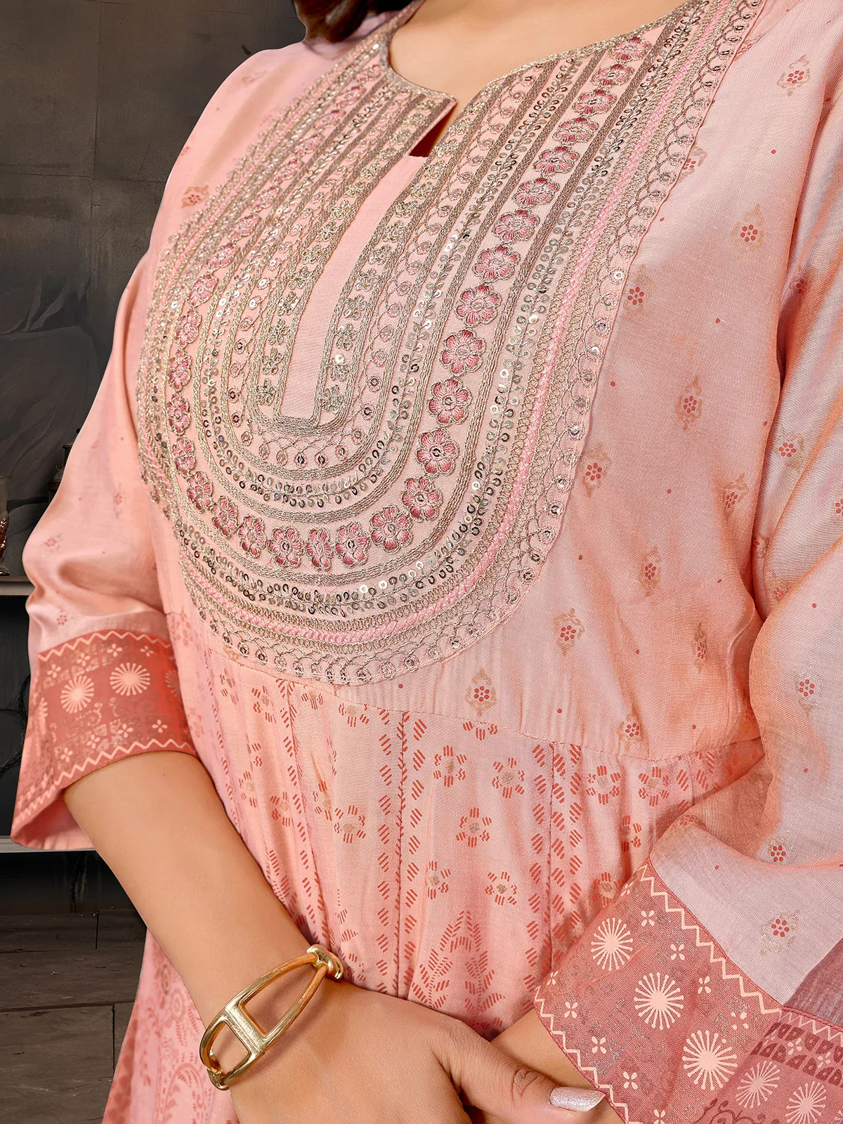 Viscose Blend Embroidered Anarkali Calf Length Kurta with Pant and Dupatta