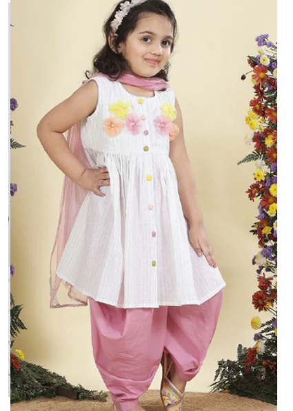 Multi Color Striped Floral handwork Cotton Kurta Salwar Set