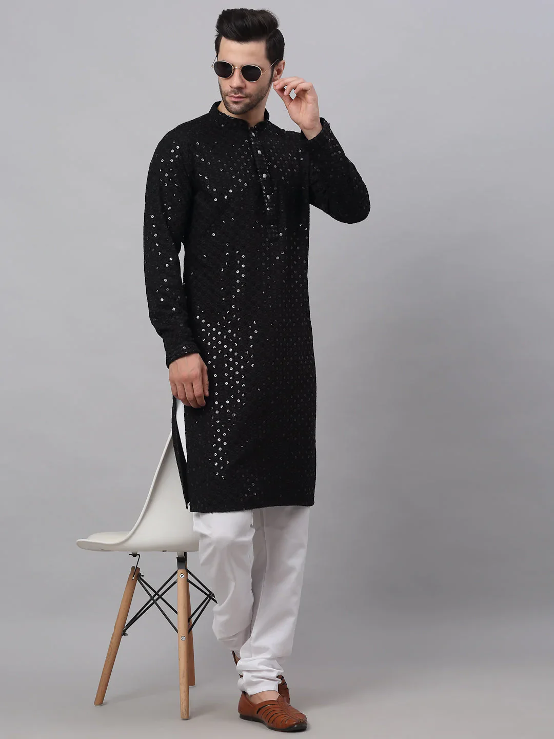 Men Black Chikankari Embroidered and Sequence Kurta Only