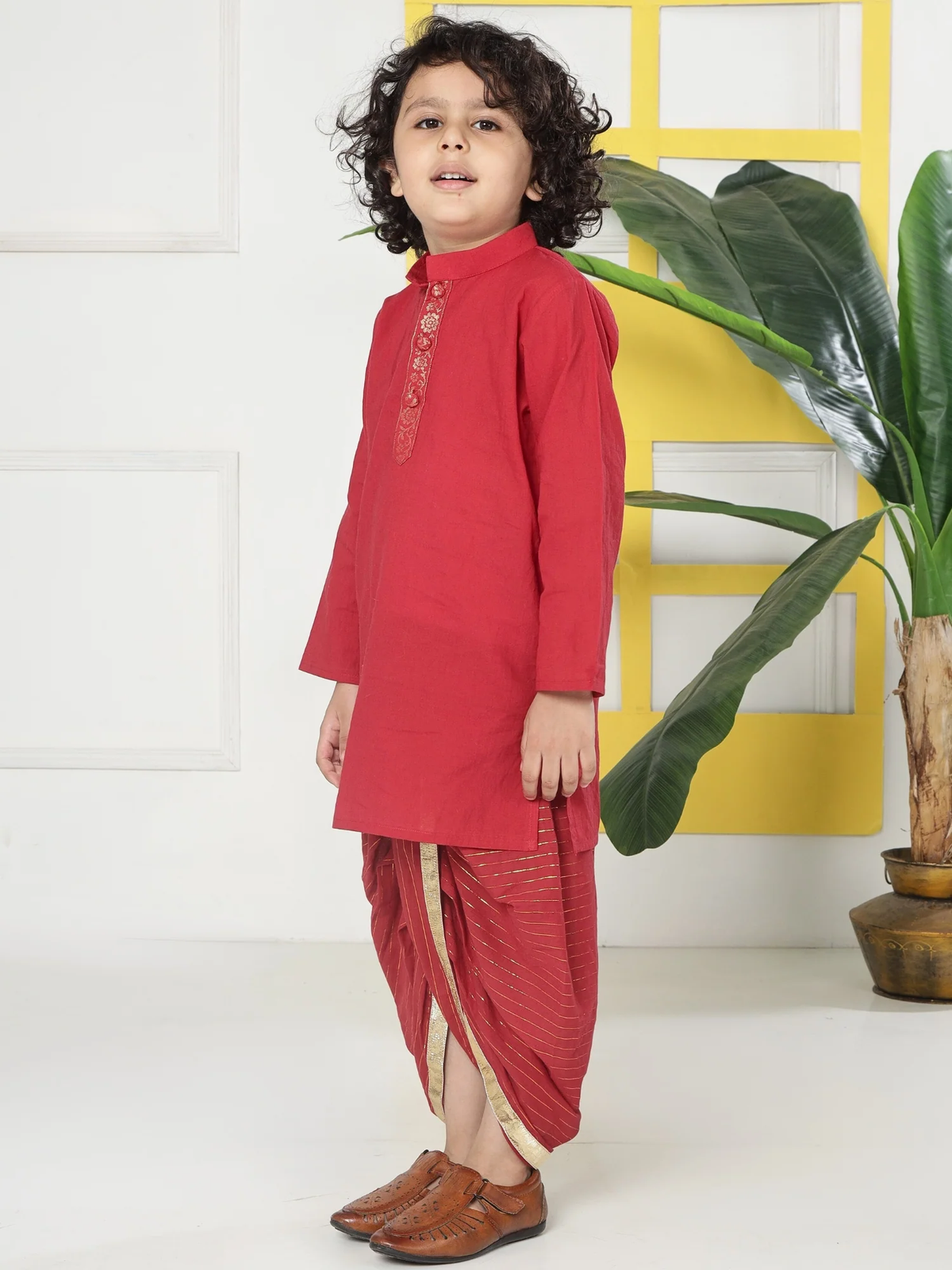 Red Minimal Zari Embroidery Cotton Kurta Dhoti set