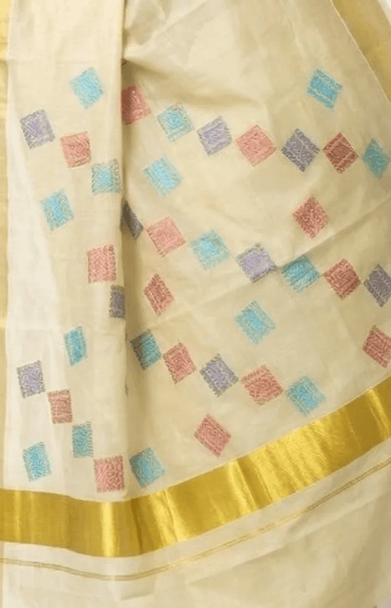 Cotton Cream Saree with Multicolor Geometric Motifs and Golden Border Set Saree