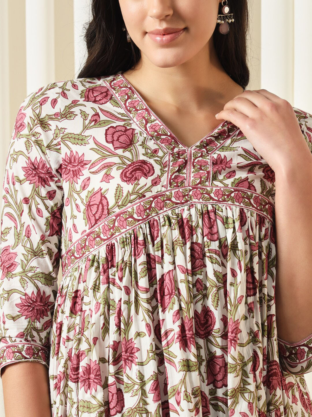 Floral Printed Pure Cotton Empire Kurta With Trouser & Dupatta