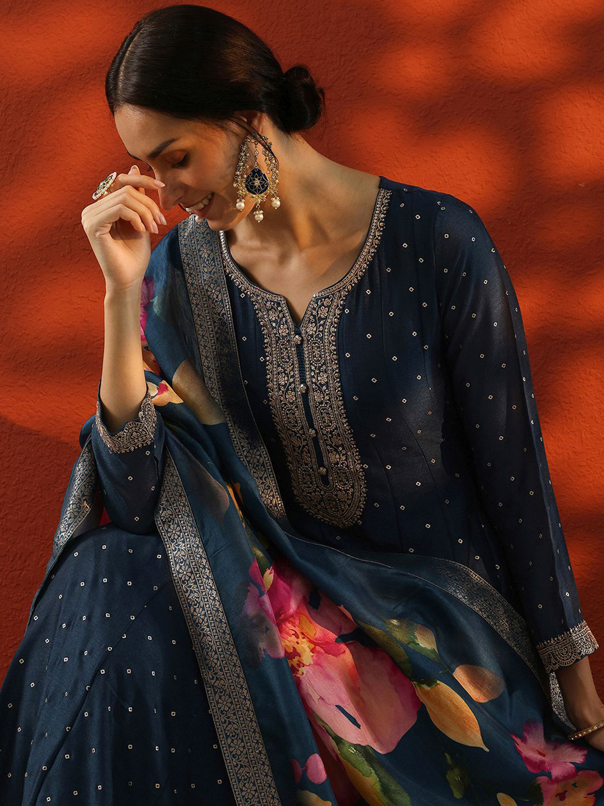 Bandhani Printed Panelled Sequinned Gown Silk Ethnic Dress With Dupatta