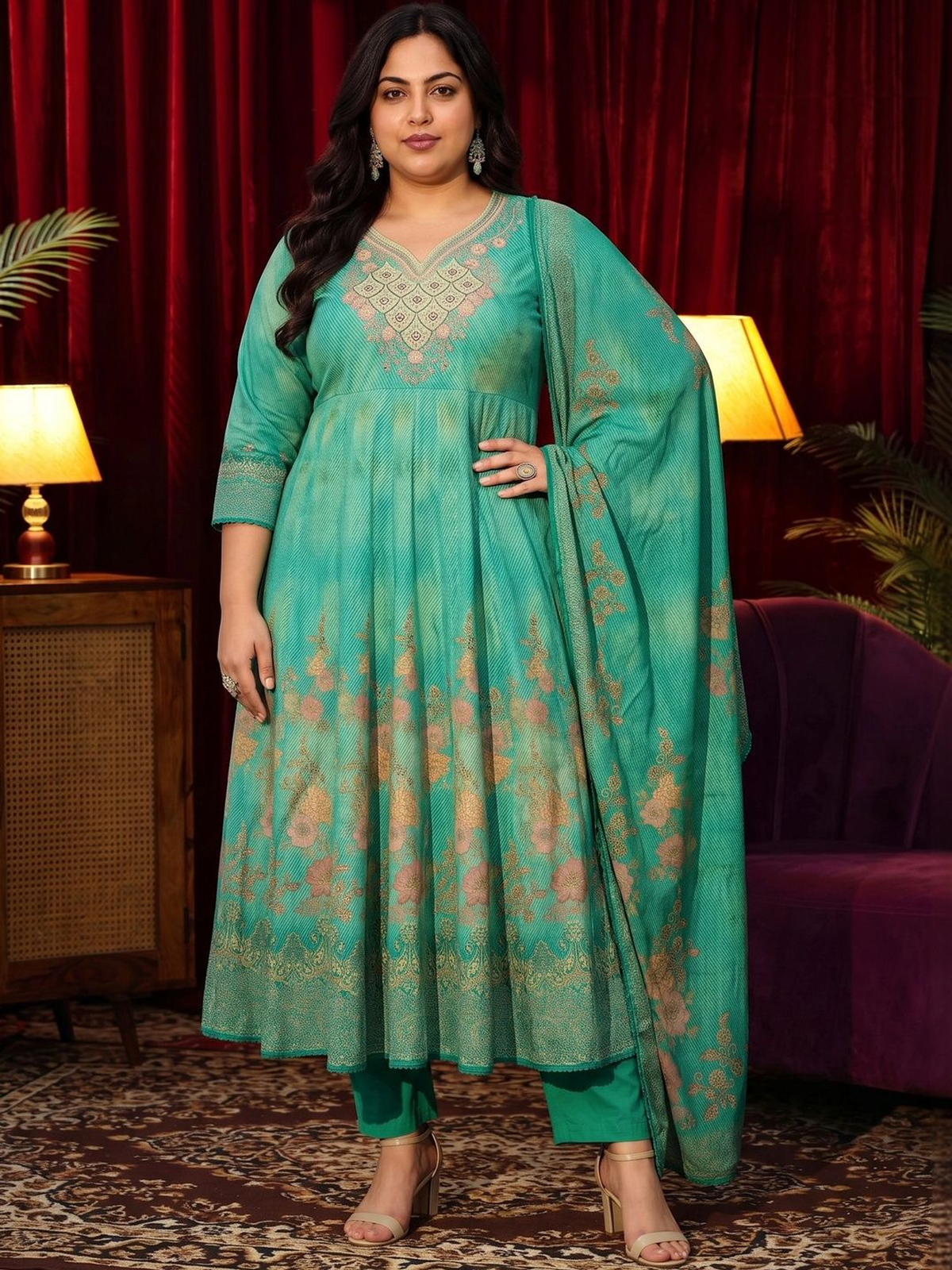 Green Printed Anarkali Kurta Set with Trousers & Dupatta aromie