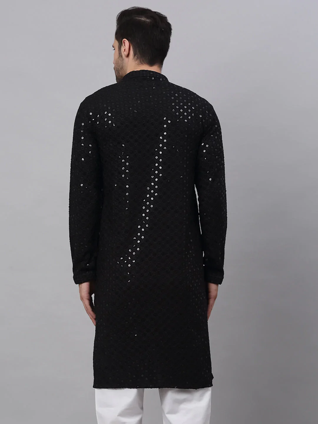 Men Black Chikankari Embroidered and Sequence Kurta Only