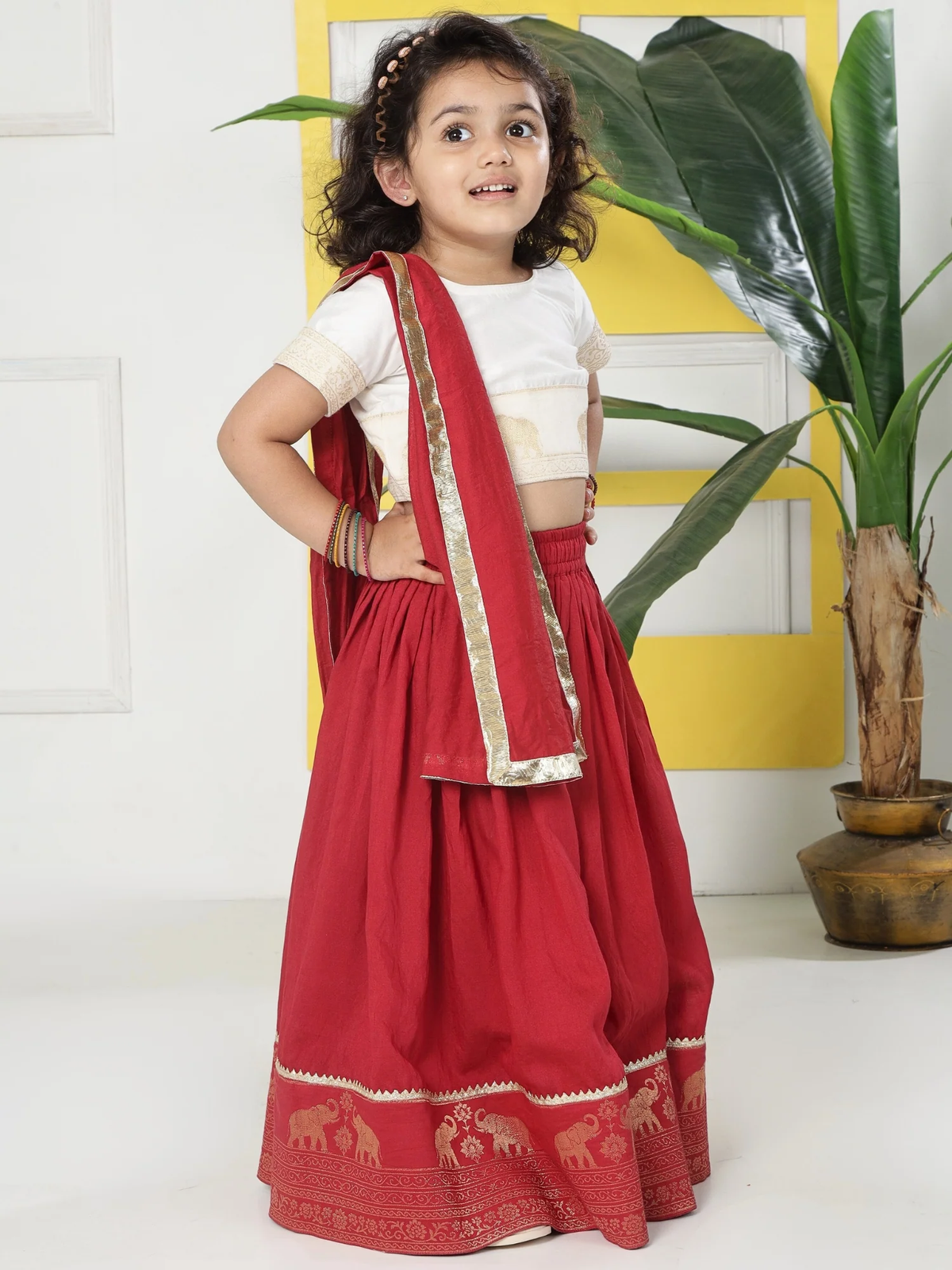 Red Elephant Zari Embroidery Chanderi Cotton Lehenga with Stitched Cream Blouse Set