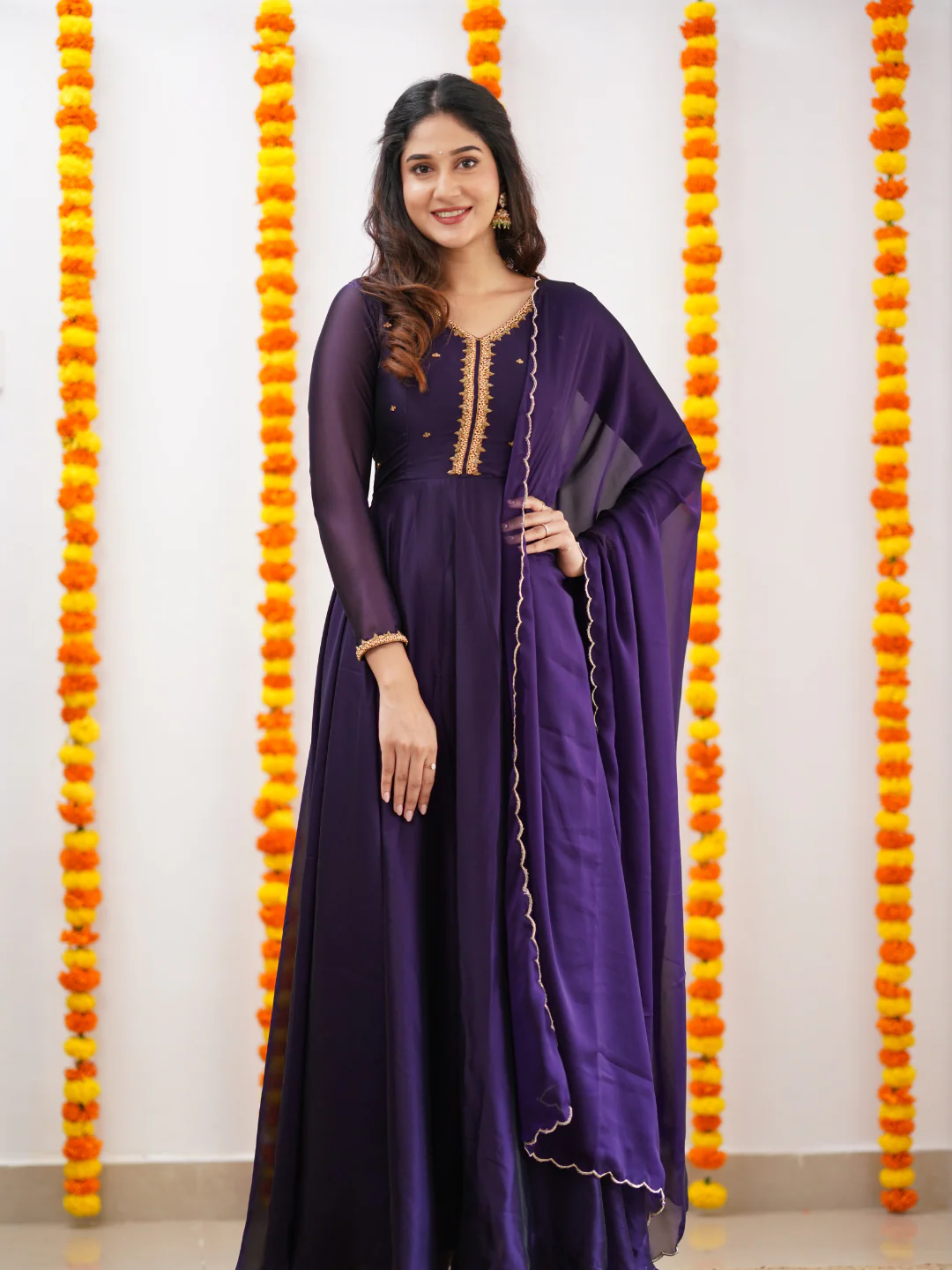 ark Violet Hand-Embroidered Georgette Anarkali Set with Scalloped Dupatta