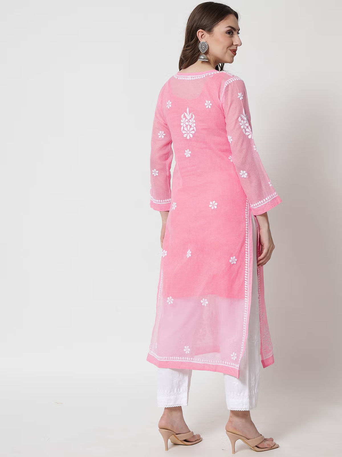 Aromie printed viscose jumpsuit style pink embroidered kurta back view with white floral motifs and side slits
