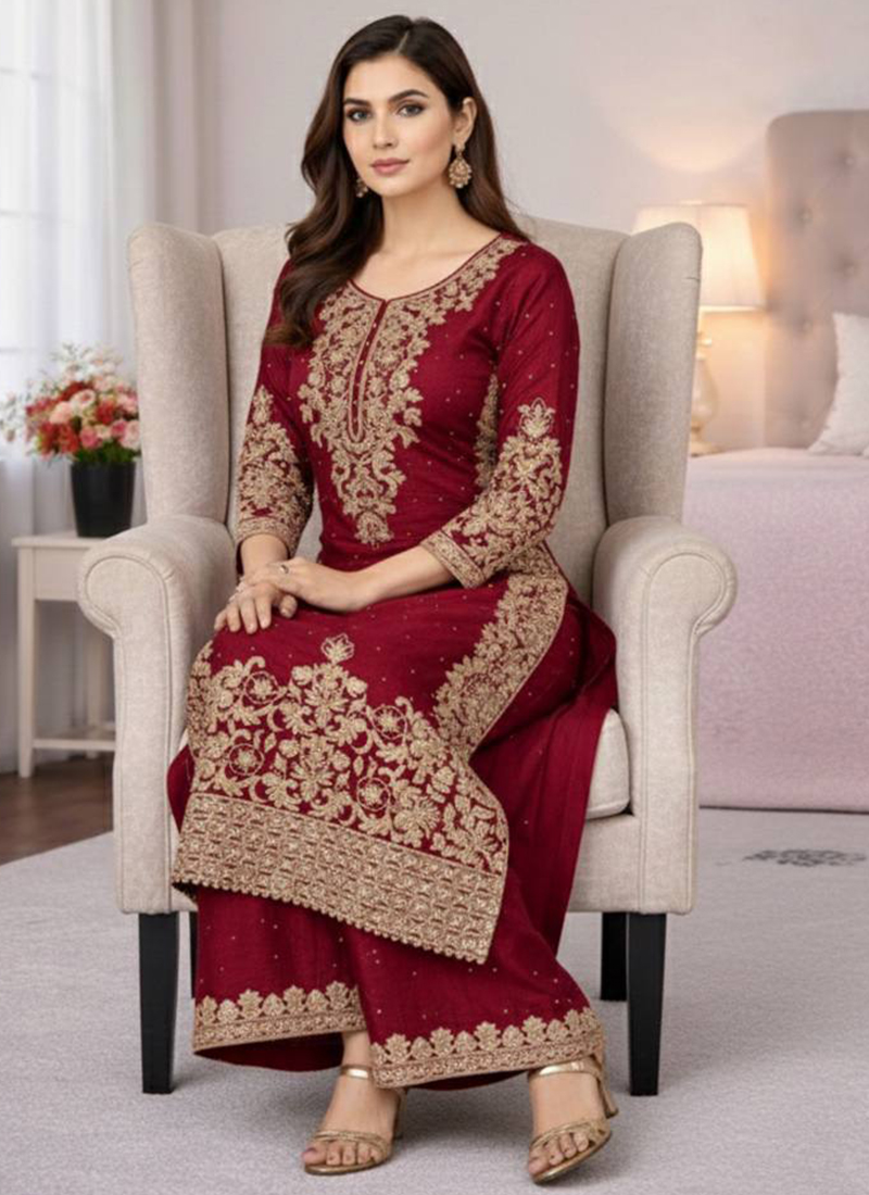 Maroon Jimmy Silk Embroidered Palazzo Suit