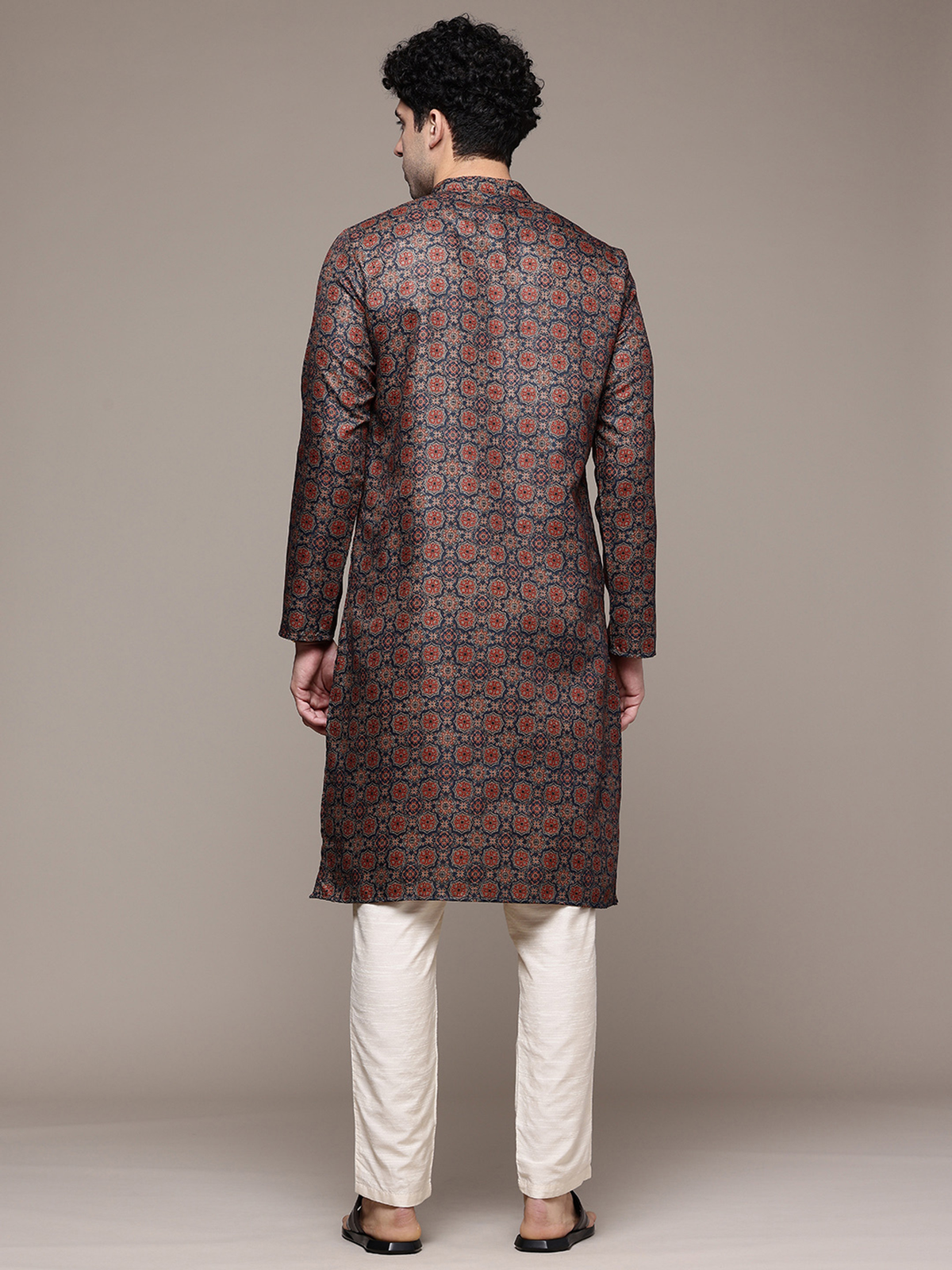 Men’s Navy Blue & Rust Printed Cotton Blend Kurta AROMIE | Affordable Indian Clothes & Dresses in Canada