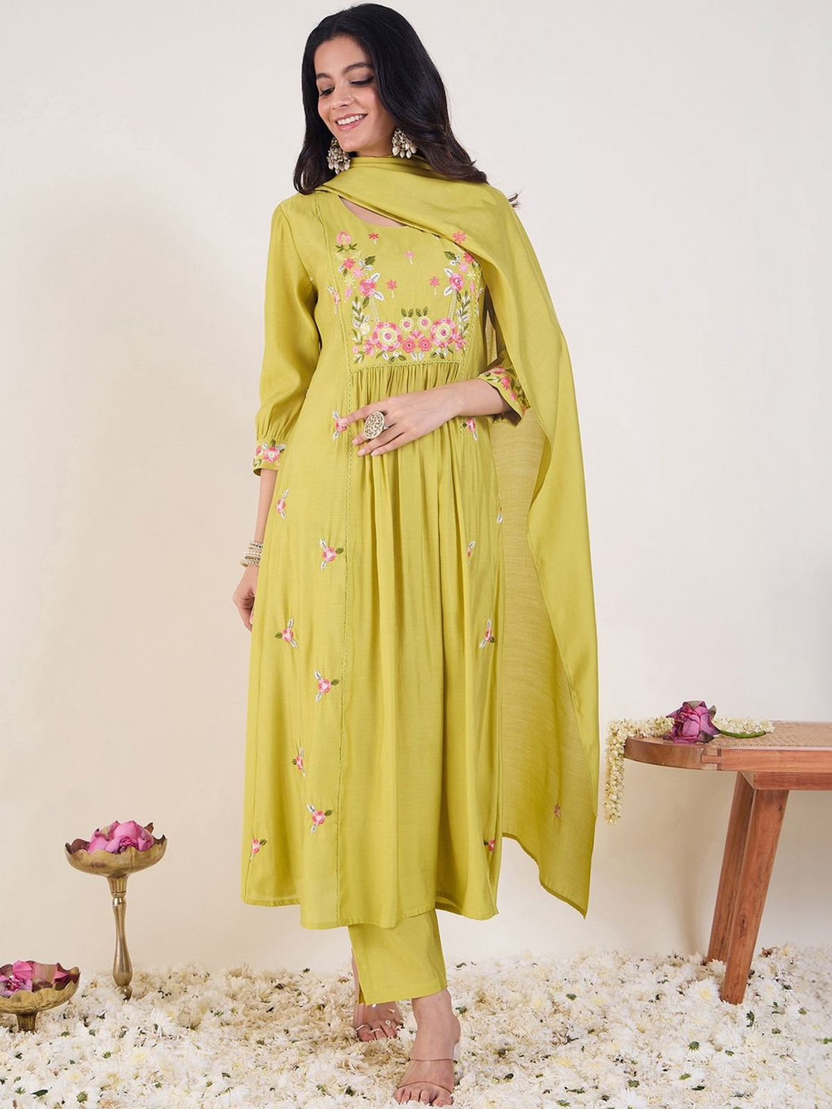 Green Embroidered A-Line Kurta Set with Trousers & Dupatta