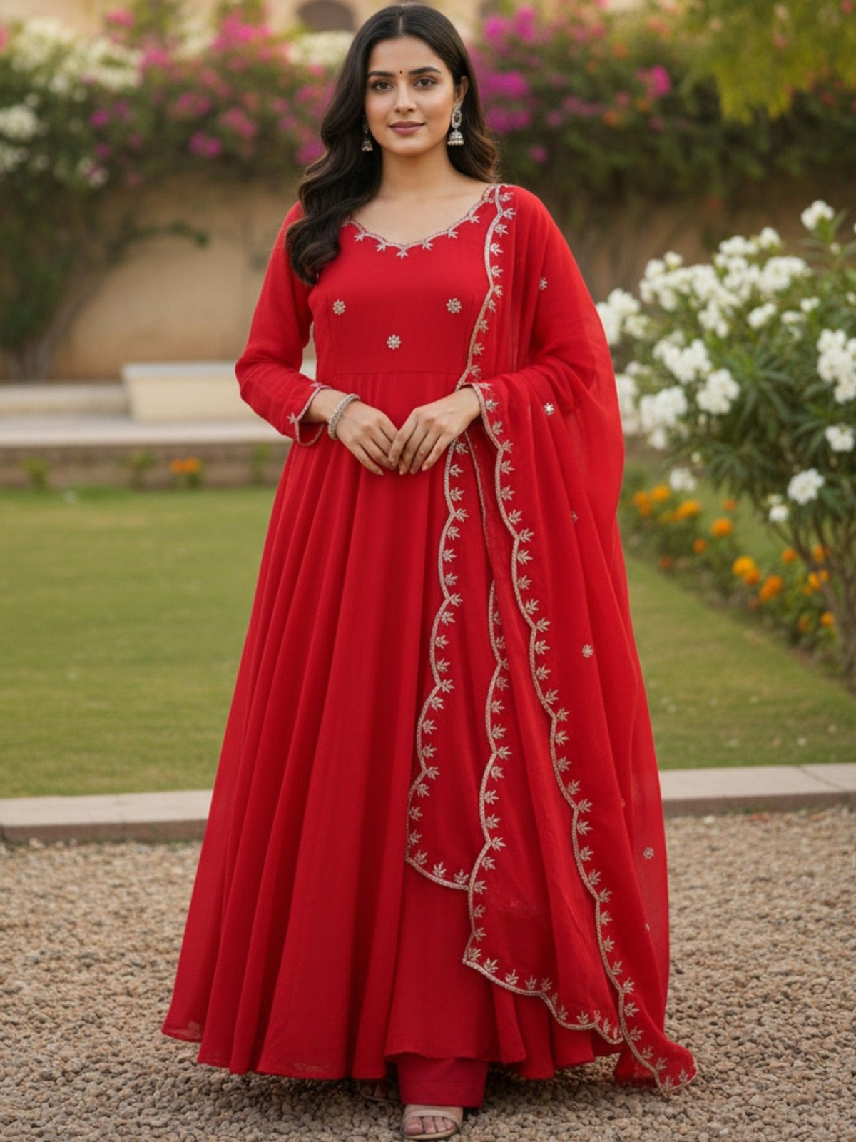 Embroidered Anarkali Kurta & Trousers With Dupatta