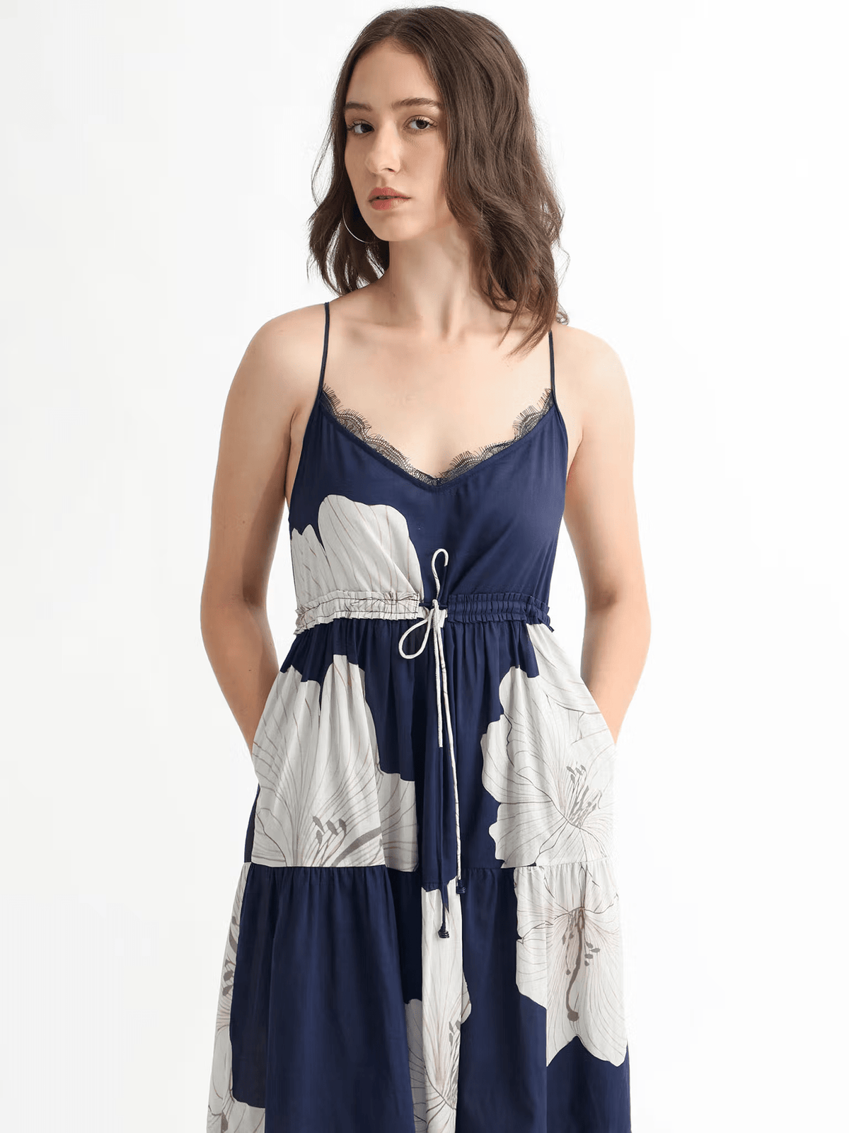 Acker Cotton Printed Midi Dress – Sleeveless Shoulder Strap Dress with Pocket for Women - aromie
