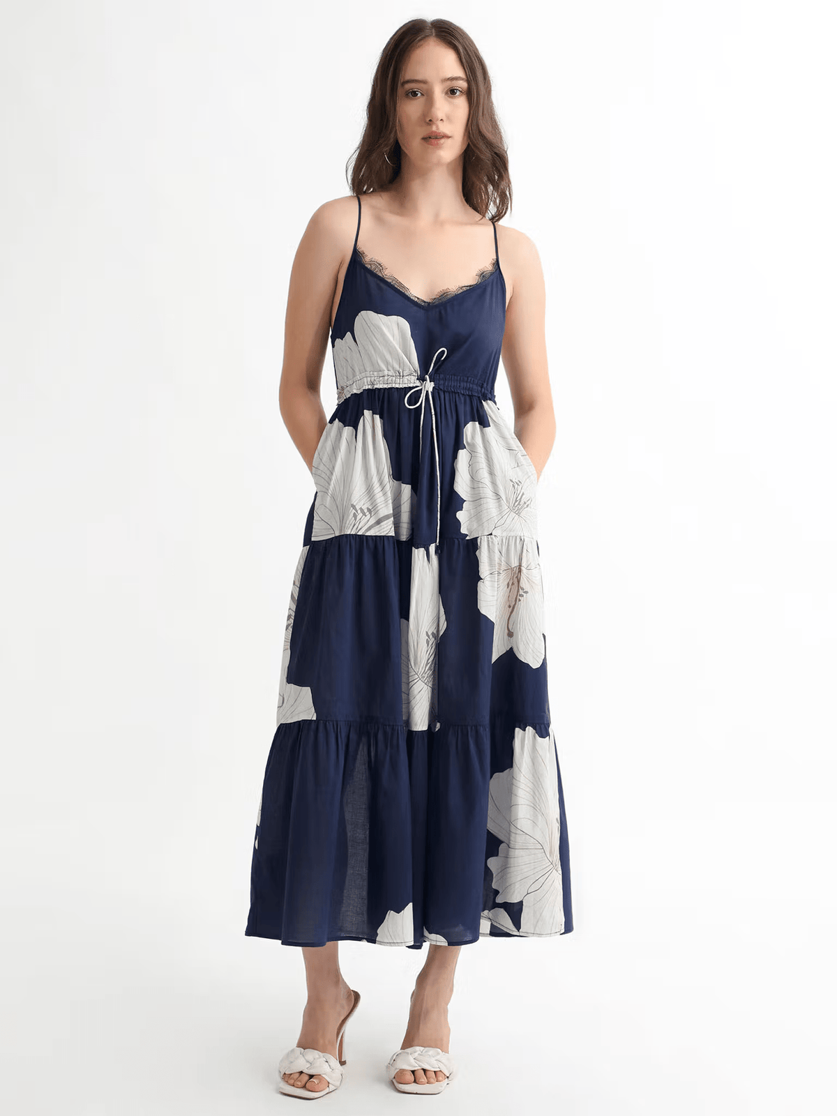 Acker Cotton Printed Midi Dress – Sleeveless Shoulder Strap Dress with Pocket for Women - aromie