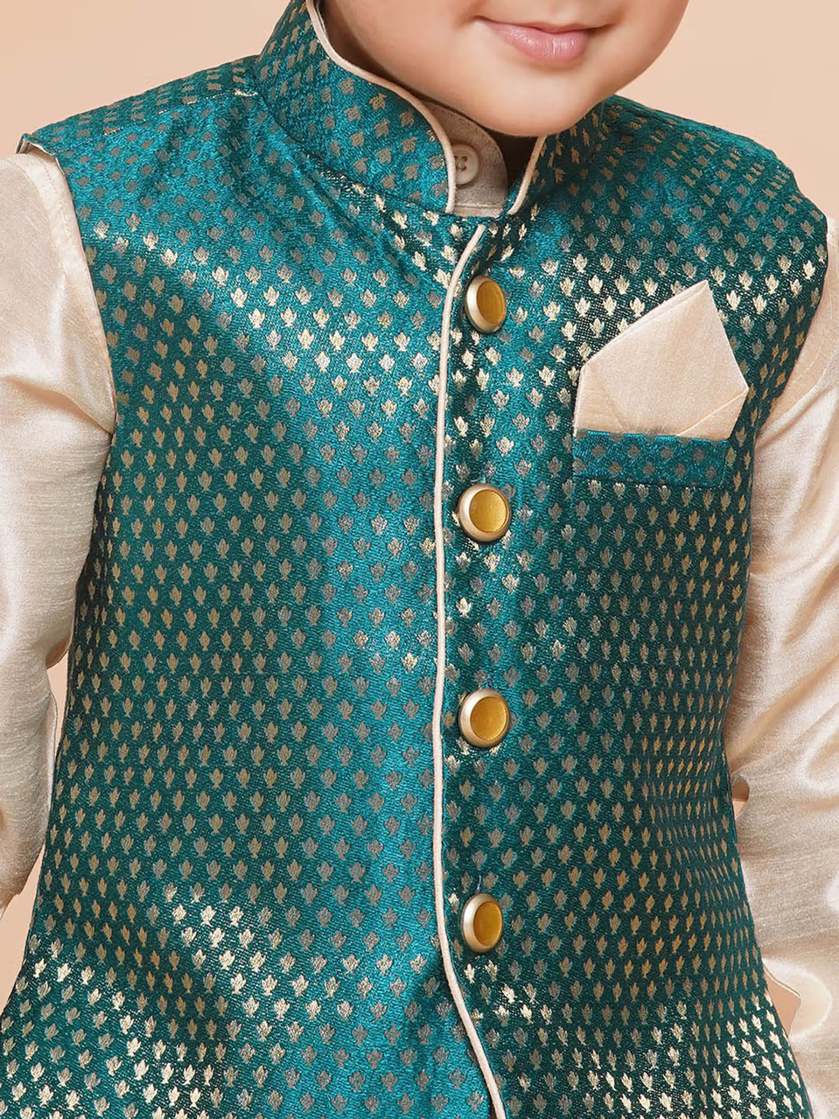 Self Design Raw Silk Dhoti Kurta for Boys with Waistcoat Green (Set of 3)