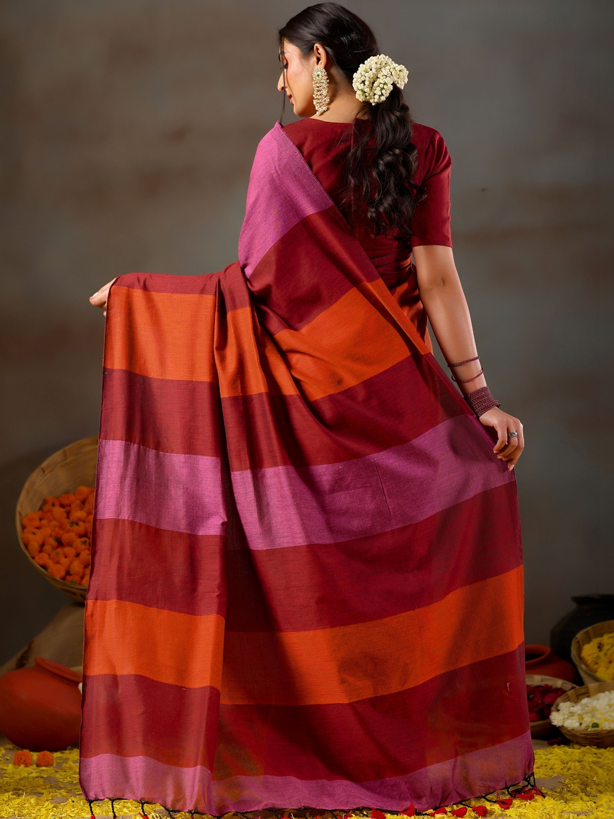 Maroon Solid Khadi Cotton Blend Ready-to-Wear Saree with Zari Detail