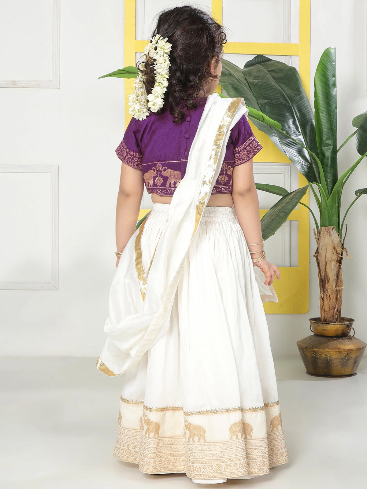Cream Elephant Zari Embroidery Chanderi Cotton Lehenga with Stitched Purple blouse Set