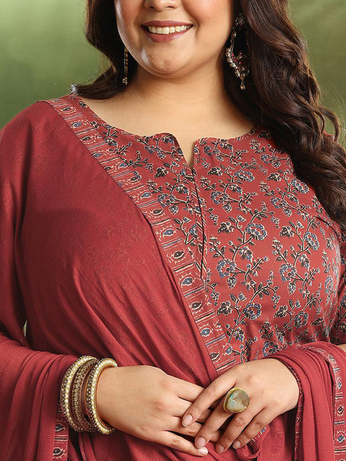 Plus Size Rust Floral Kurta Set with Palazzos & Dupatta aromie