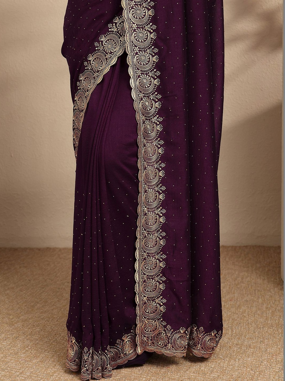Burgundy Silk Blend Saree with Beadwork and Zari Border aromie