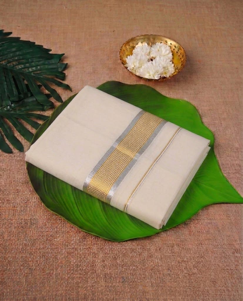 Classic Cream Kerala Mundu with Gold and Silver Kasavu Border