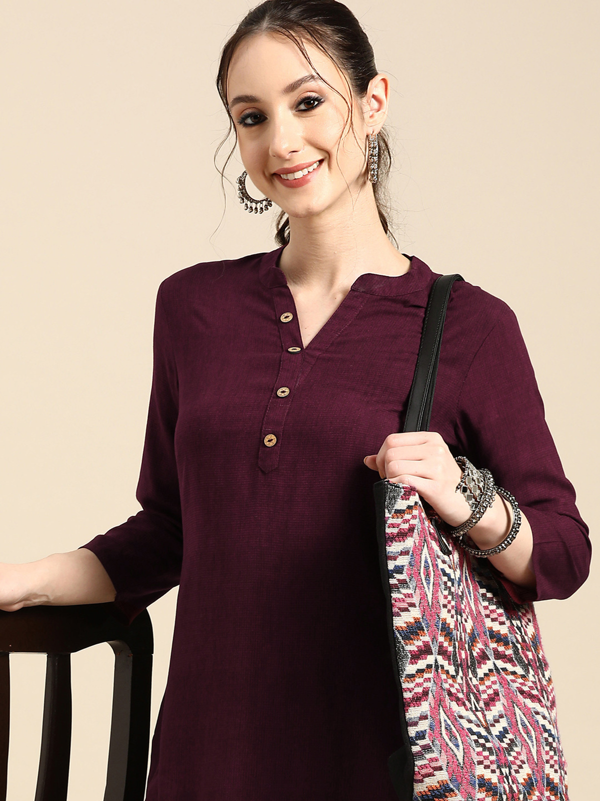 Women’s Burgundy Abstract Print Rayon Short Kurti AROMIE.STORE