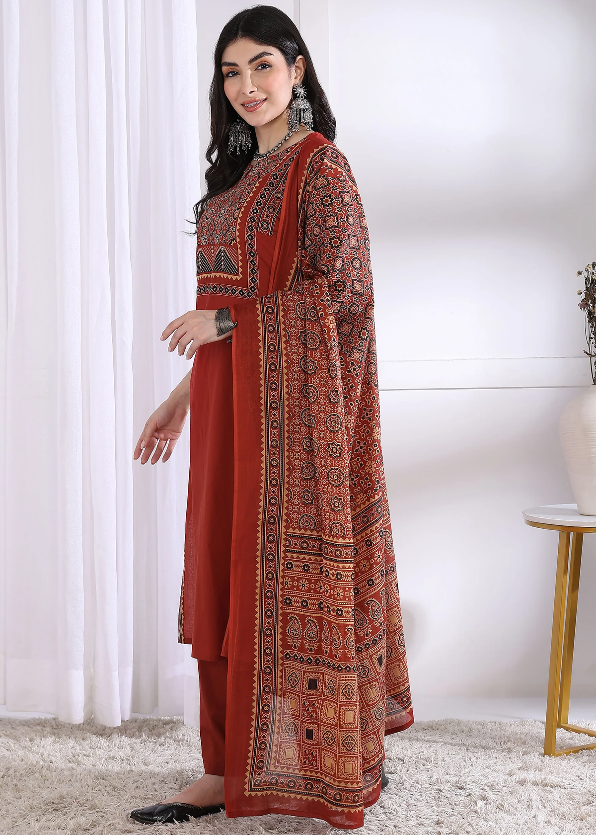 Red Cotton Straight Kurta Set with Printed Dupatta aromie