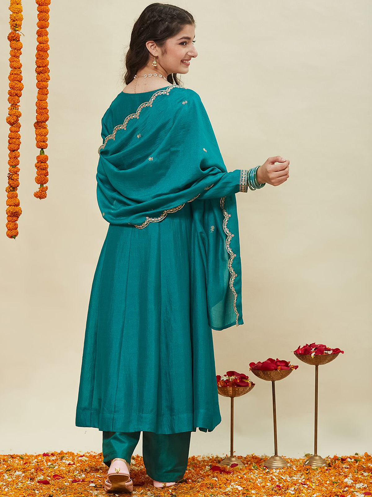 Girls Silk Embroidered Anarkali Kurta and Pant Set with Dupatta