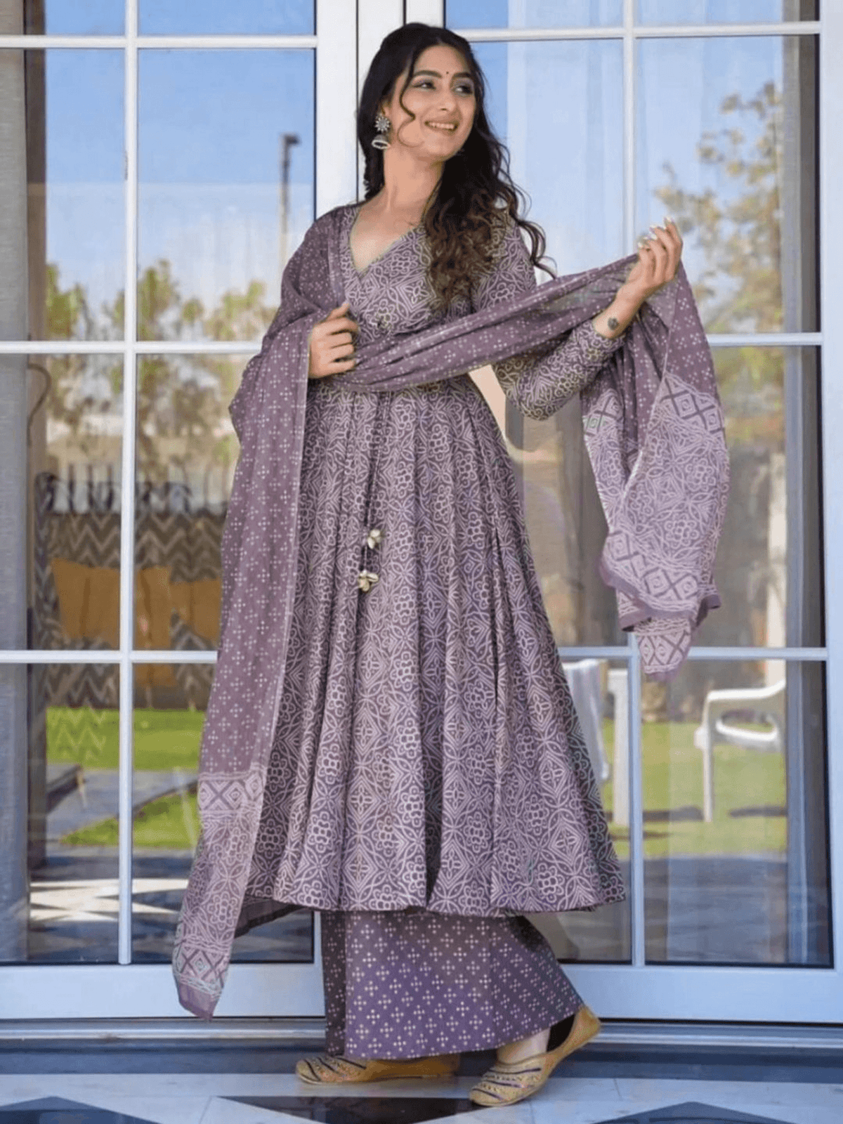 Beautiful three piece Kurtha set by Aromie in elegant purple shade, perfect for any occasion. Affordable Anarkali Lehenga Set Canada.