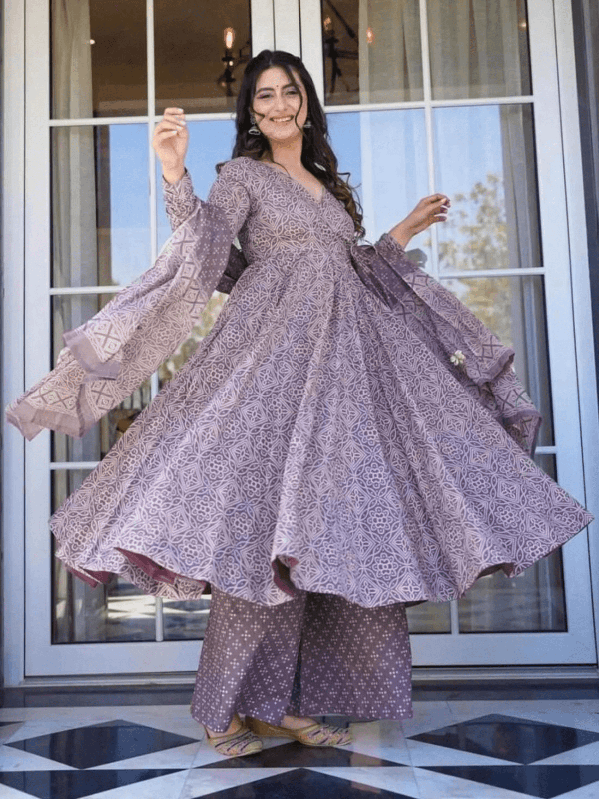 Aromie Three Piece Kurtha Set in Purple with Flowing Design, Affordable Anarkali Lehenga Set Canada