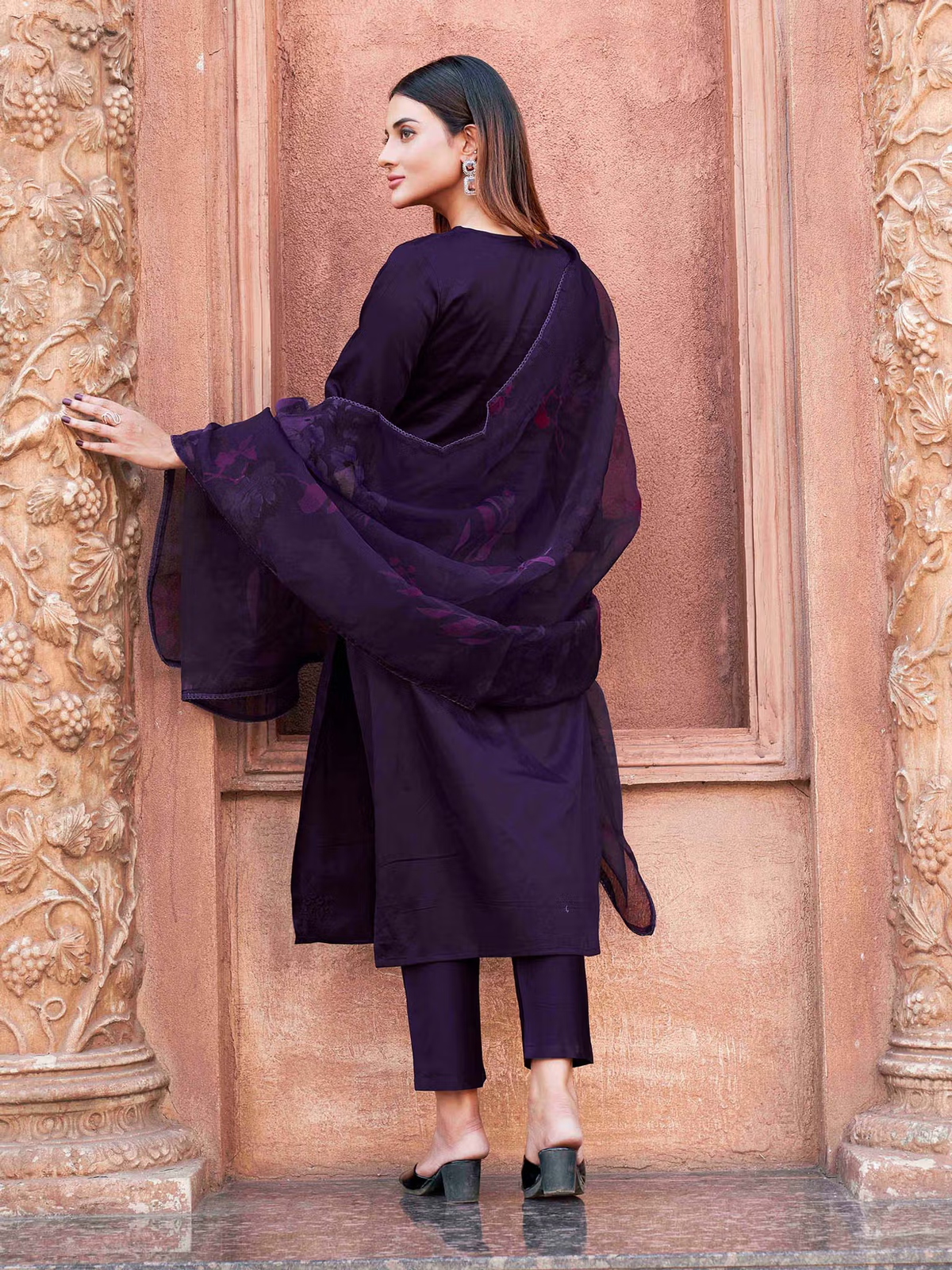 Stylish Three Piece Kurtha Set in Deep Purple, part of affordable applique co-ord sets Canada